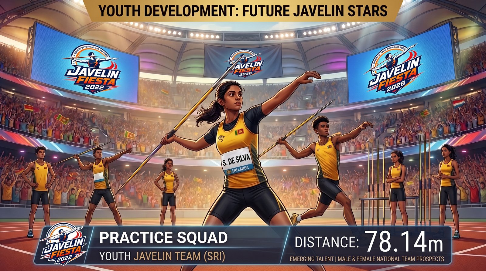 Coach guiding a junior athlete through javelin technique