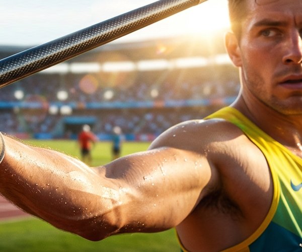 Athlete in full run-up javelin throwing action